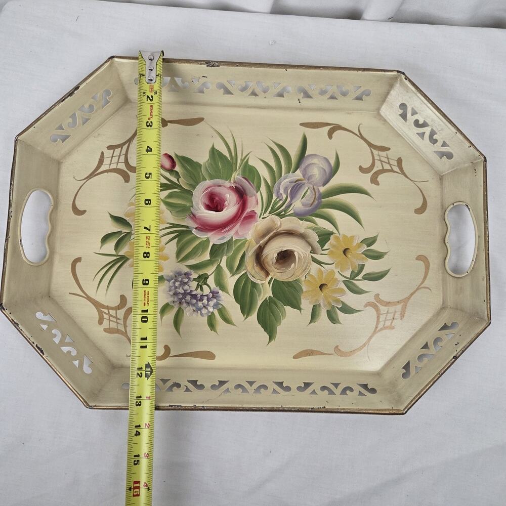 Vintage Toleware Vanity Perfume Tray Hand Painted Floral Octagonal Cottage Decor - Picture 2 of 16